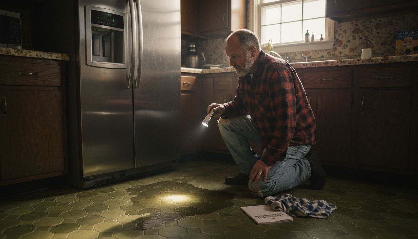 Homeowner checking refrigerator leak on tile floor