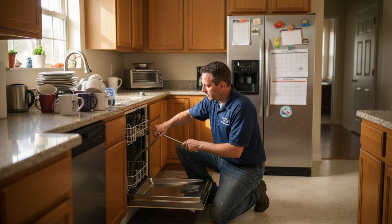 Technician repairing dishwasher in suburban kitchen