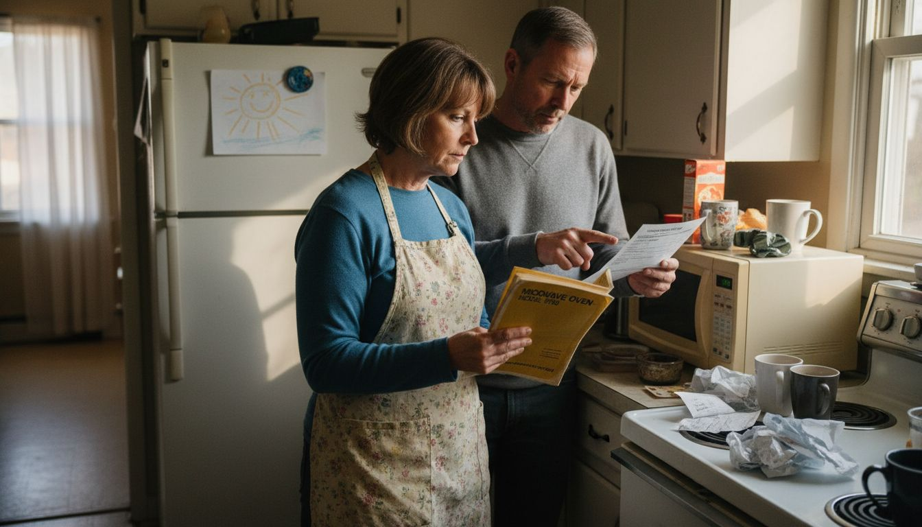 Couple evaluating old kitchen appliances for replacement