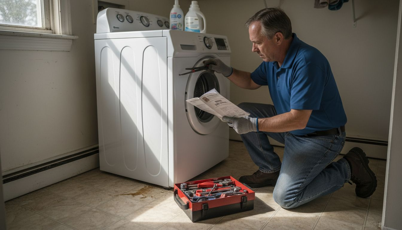 Homeowner preparing to repair washer in laundry room