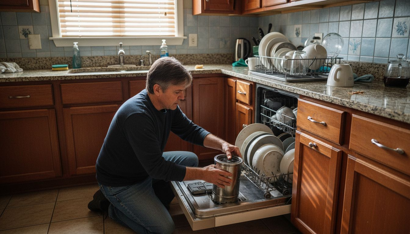 Homeowner cleaning dishwasher filter in kitchen