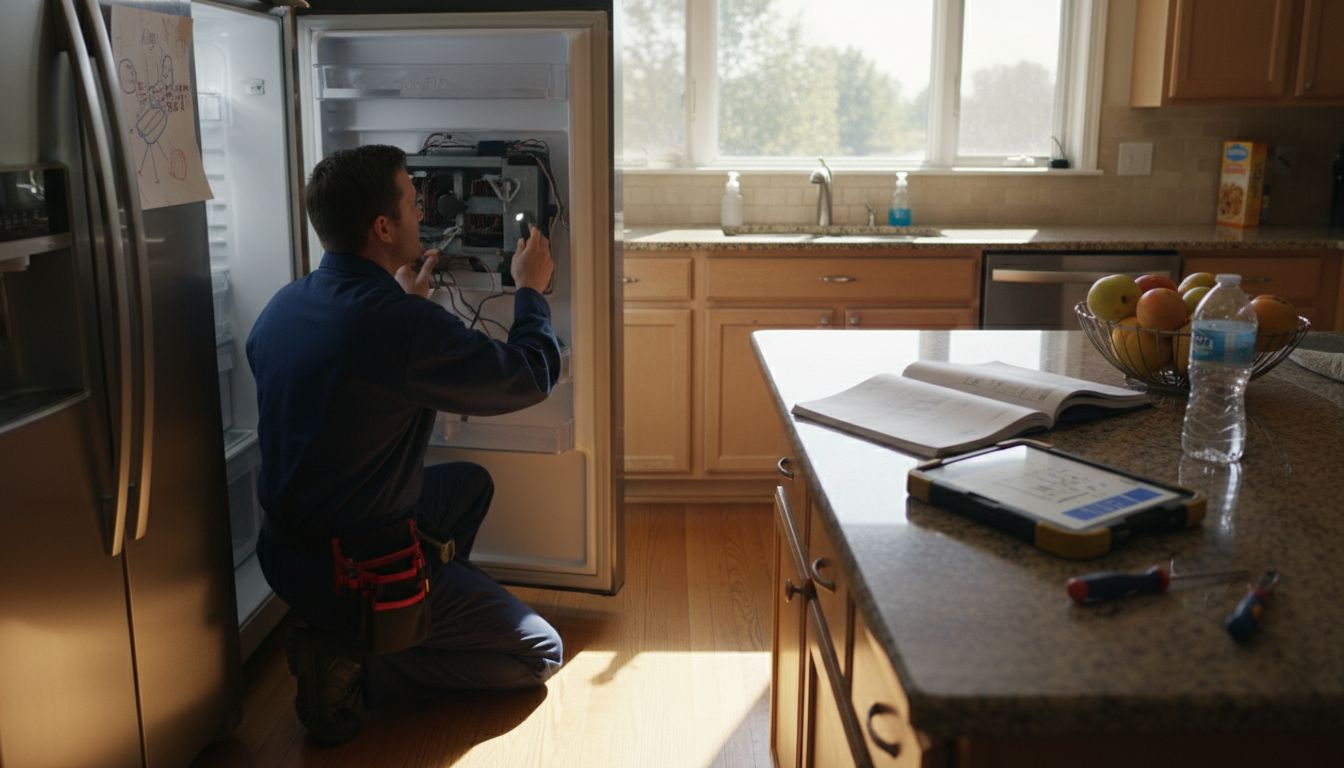 Technician repairing refrigerator in family kitchen