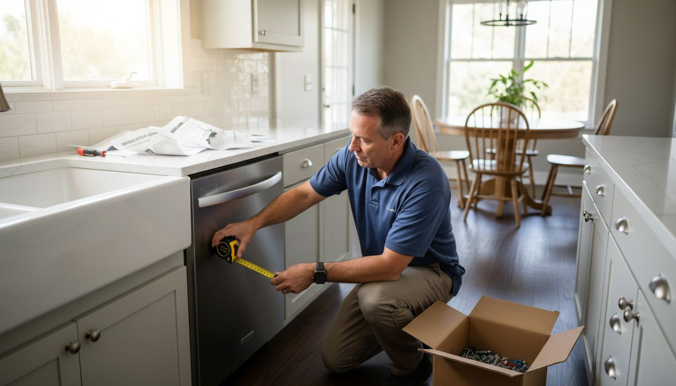 Installer checking dishwasher placement in kitchen