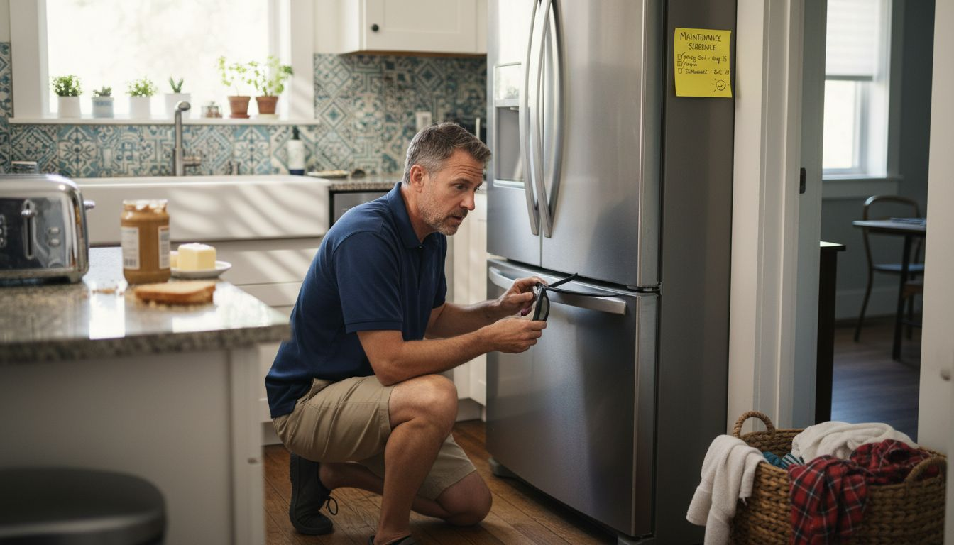 Homeowner inspecting kitchen appliances for maintenance