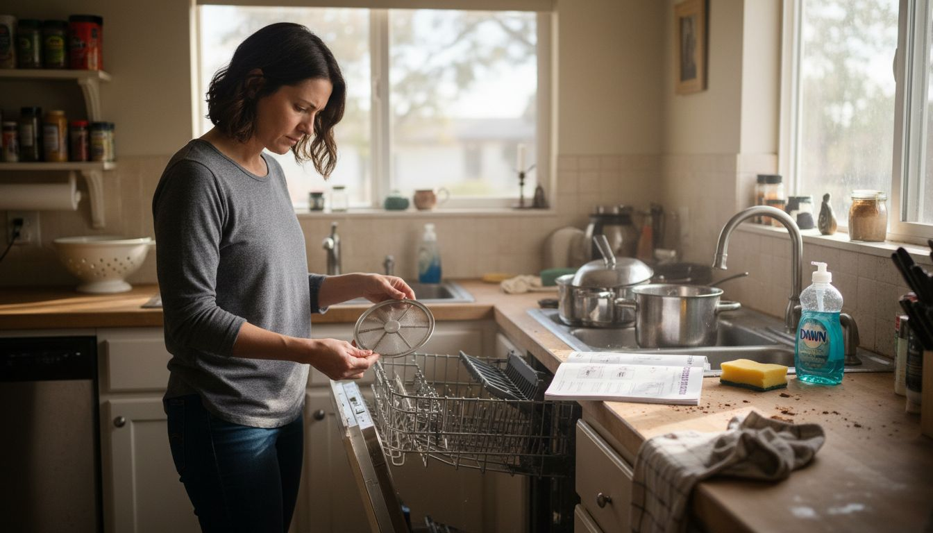 Person preparing to clean open dishwasher