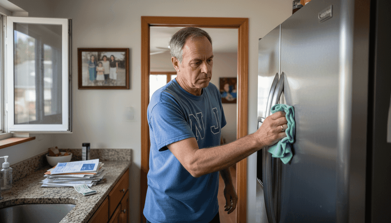 Person cleaning refrigerator in NJ kitchen