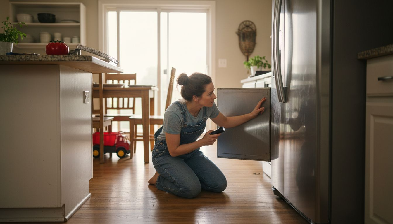 Woman performing refrigerator maintenance at home