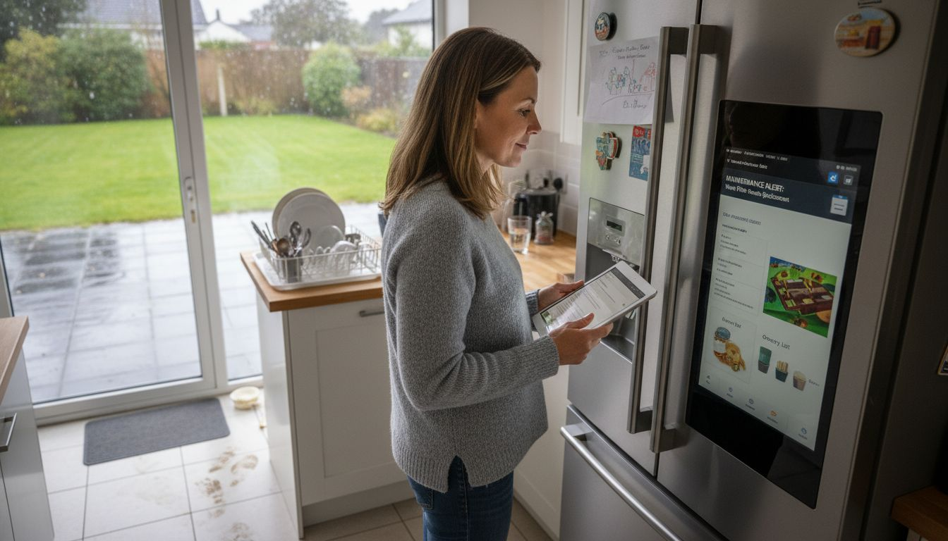 Homeowner checks smart fridge maintenance alerts
