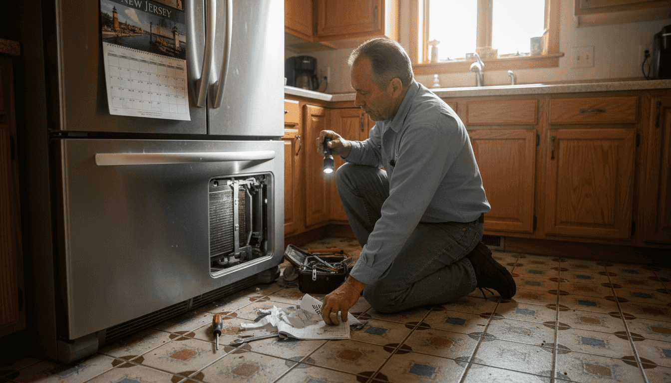 Technician servicing refrigerator in New Jersey kitchen
