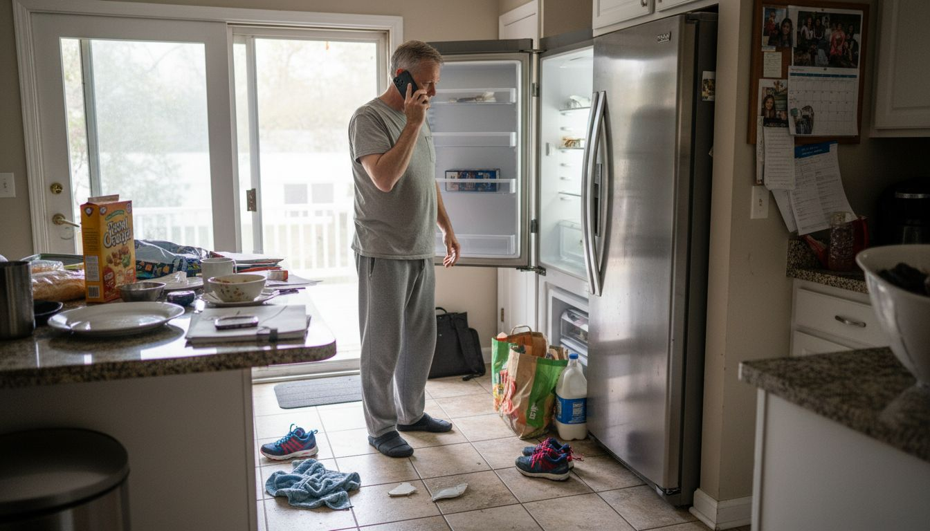 Homeowner checking broken fridge in NJ kitchen