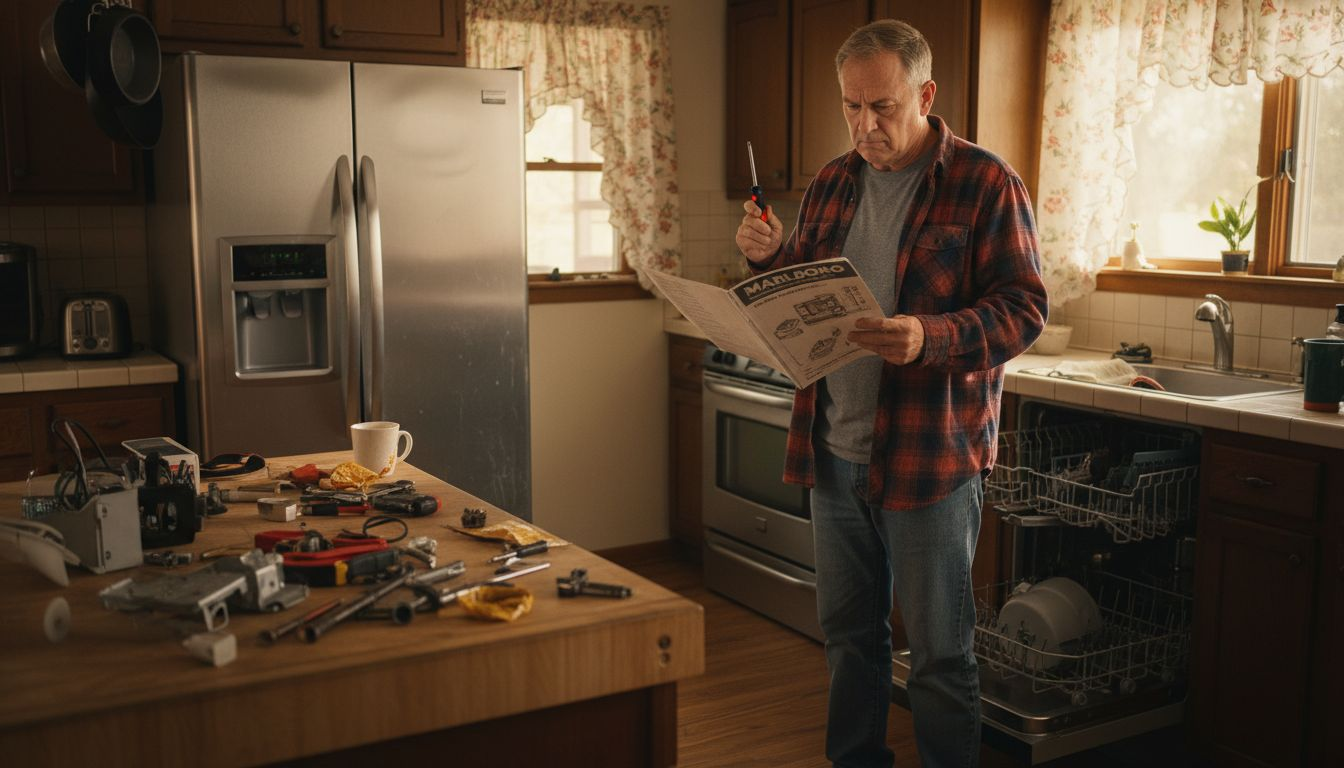 Confused homeowner inspecting kitchen appliances