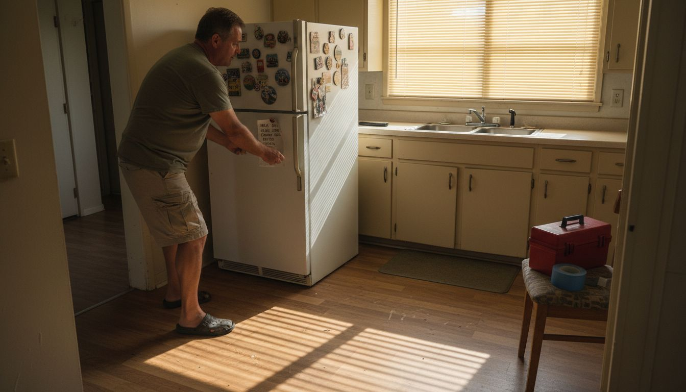 Homeowner performing refrigerator maintenance in kitchen