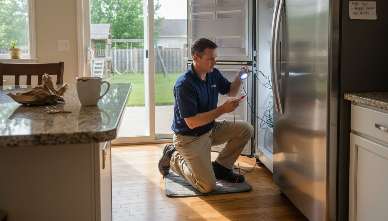 Technician repairing refrigerator in real family kitchen