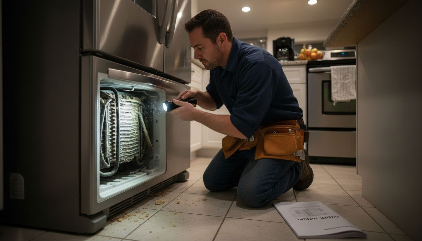 Technician repairing refrigerator late at night
