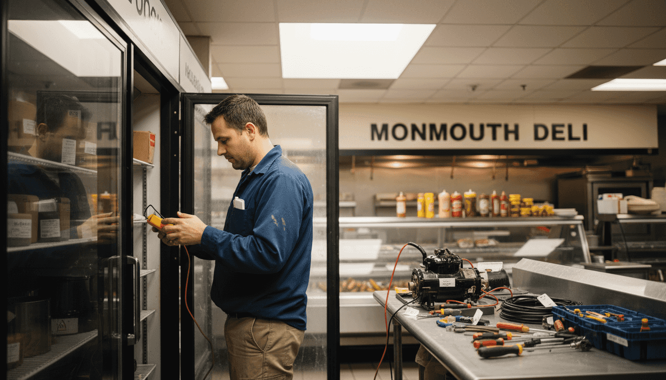 Technician servicing commercial refrigerator system