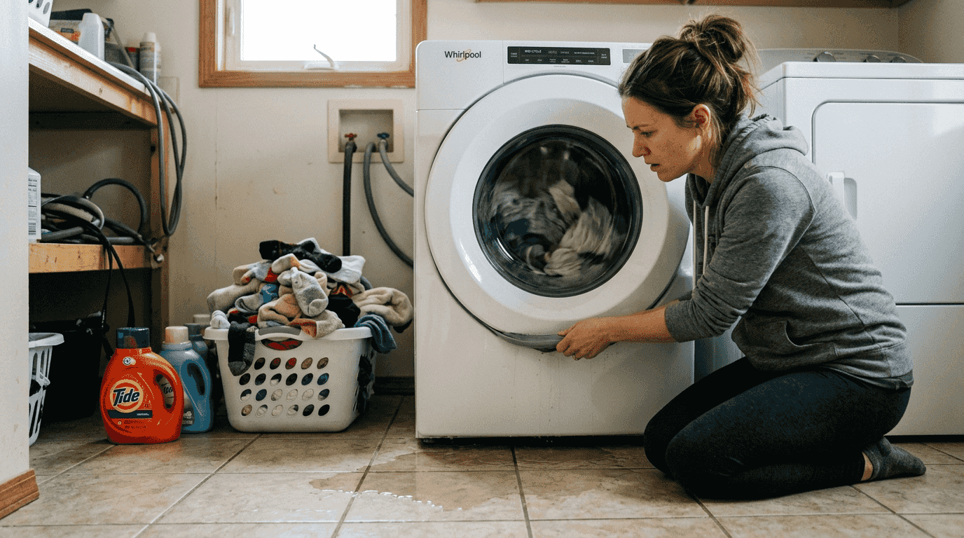 Homeowner checking washer with leak and puddle