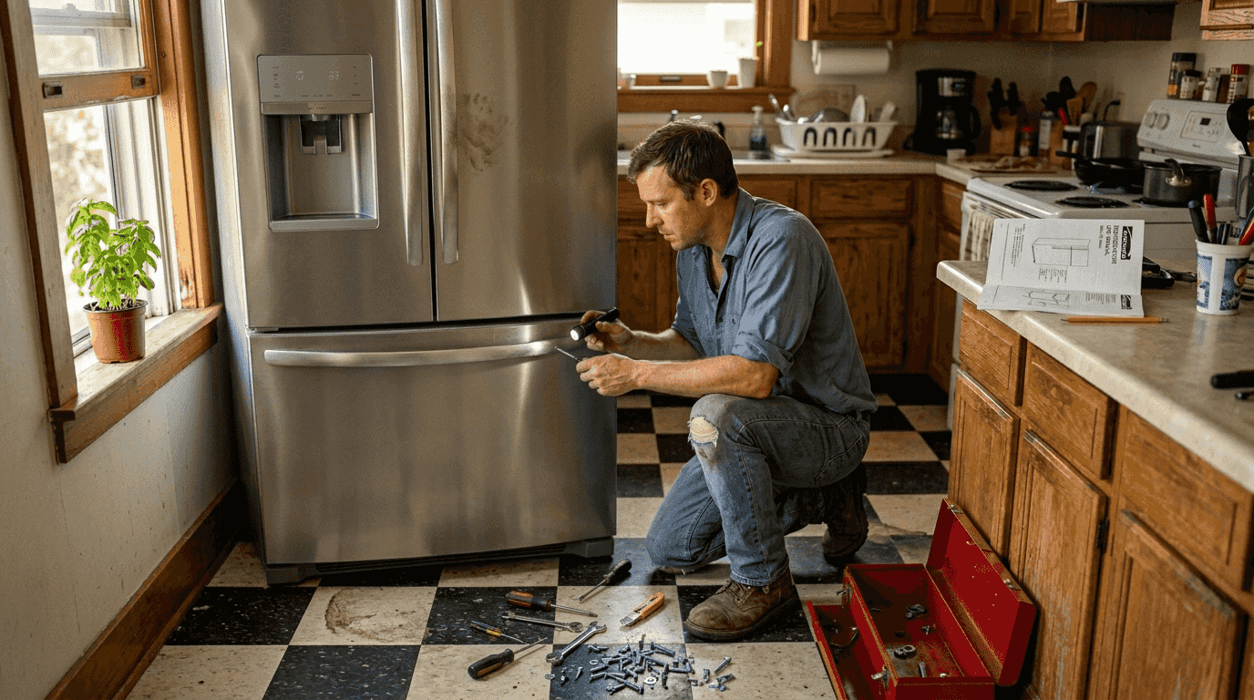 Man repairing refrigerator in real kitchen