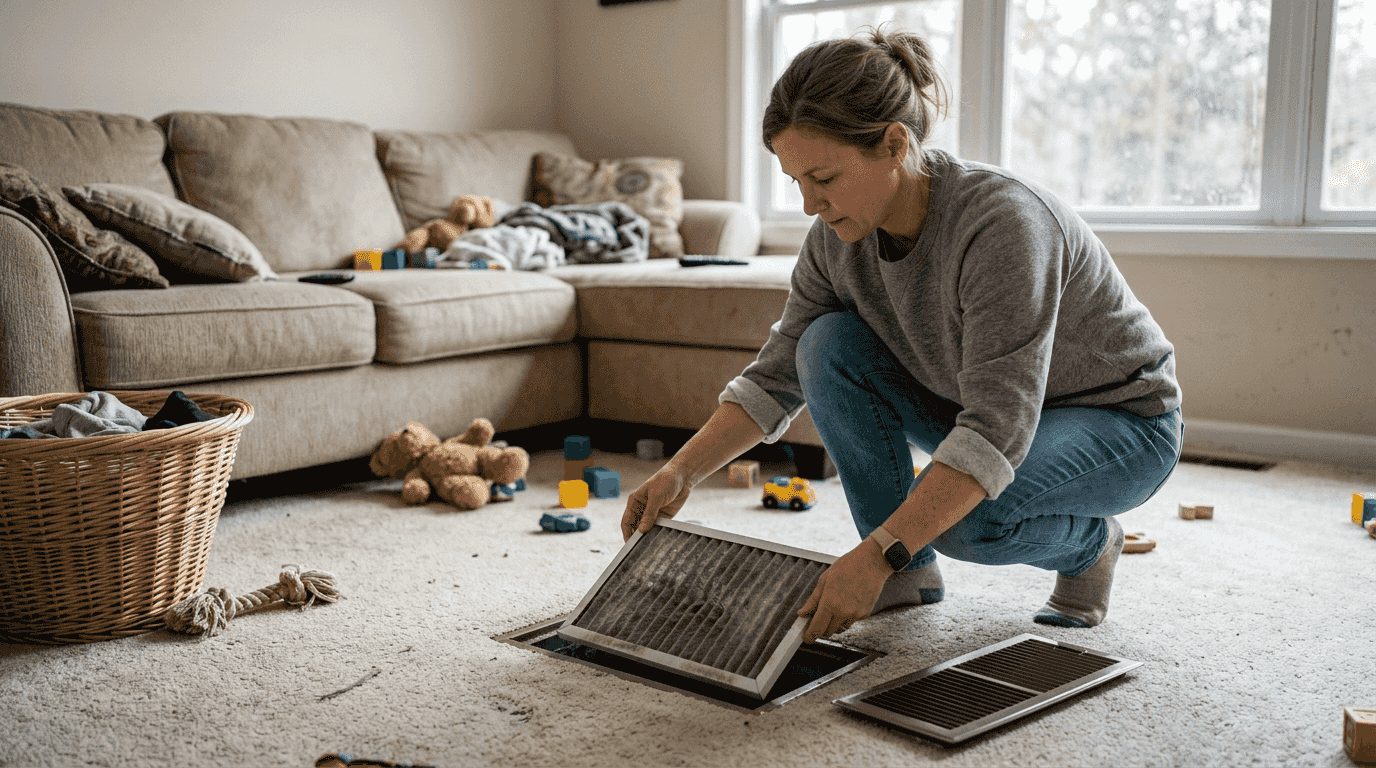 Woman changing HVAC filter in family room