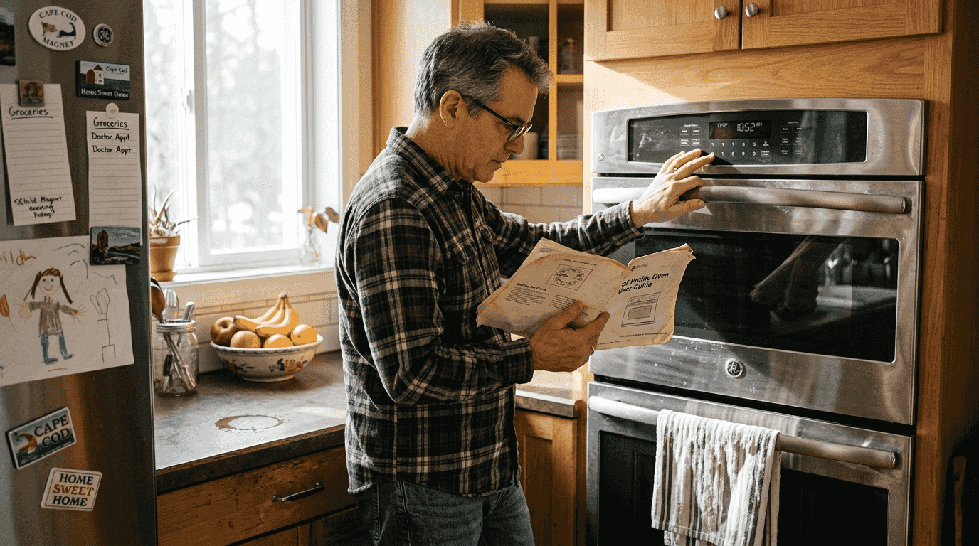 Homeowner calibrating oven in sunlit kitchen