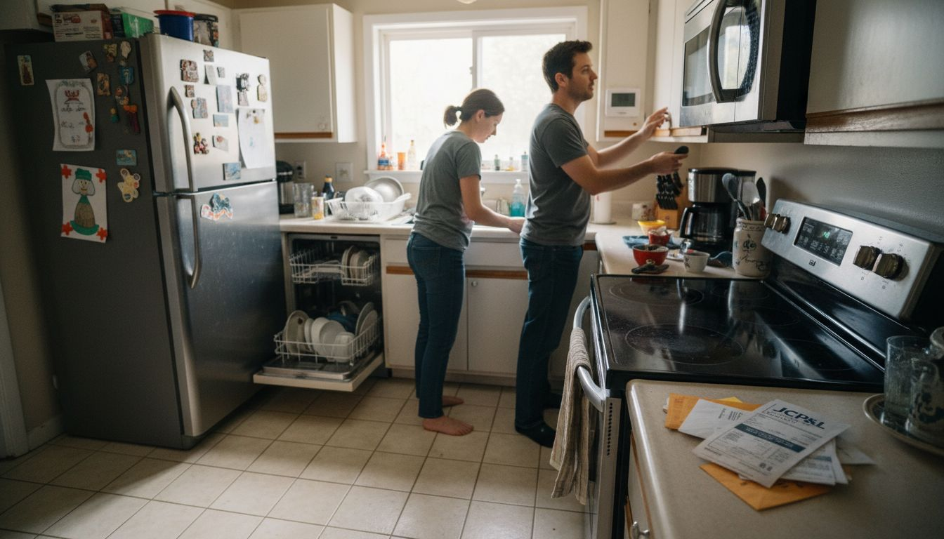 Couple using kitchen appliances in bright home