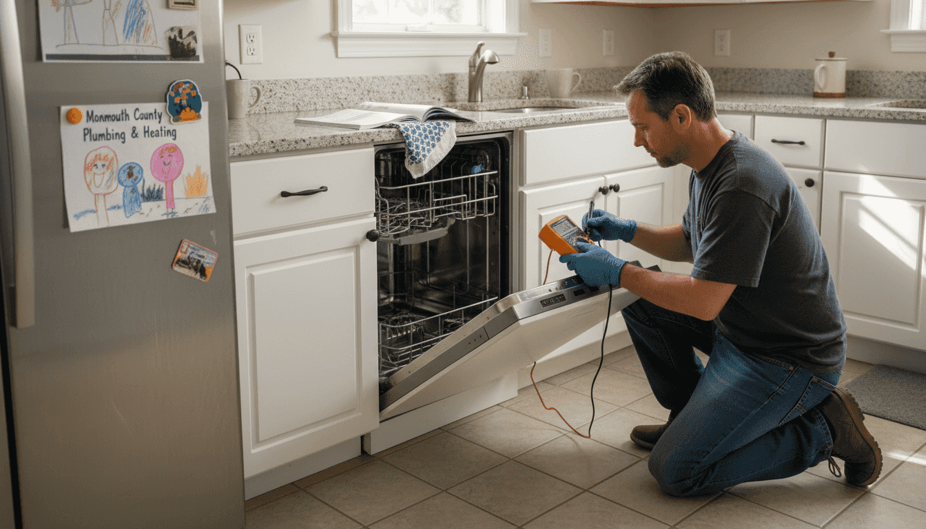 Technician testing appliance in busy kitchen
