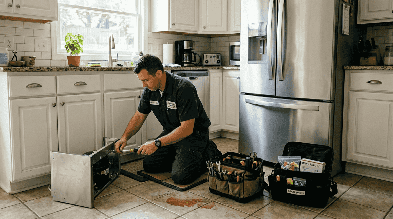 Technician repairing refrigerator in kitchen