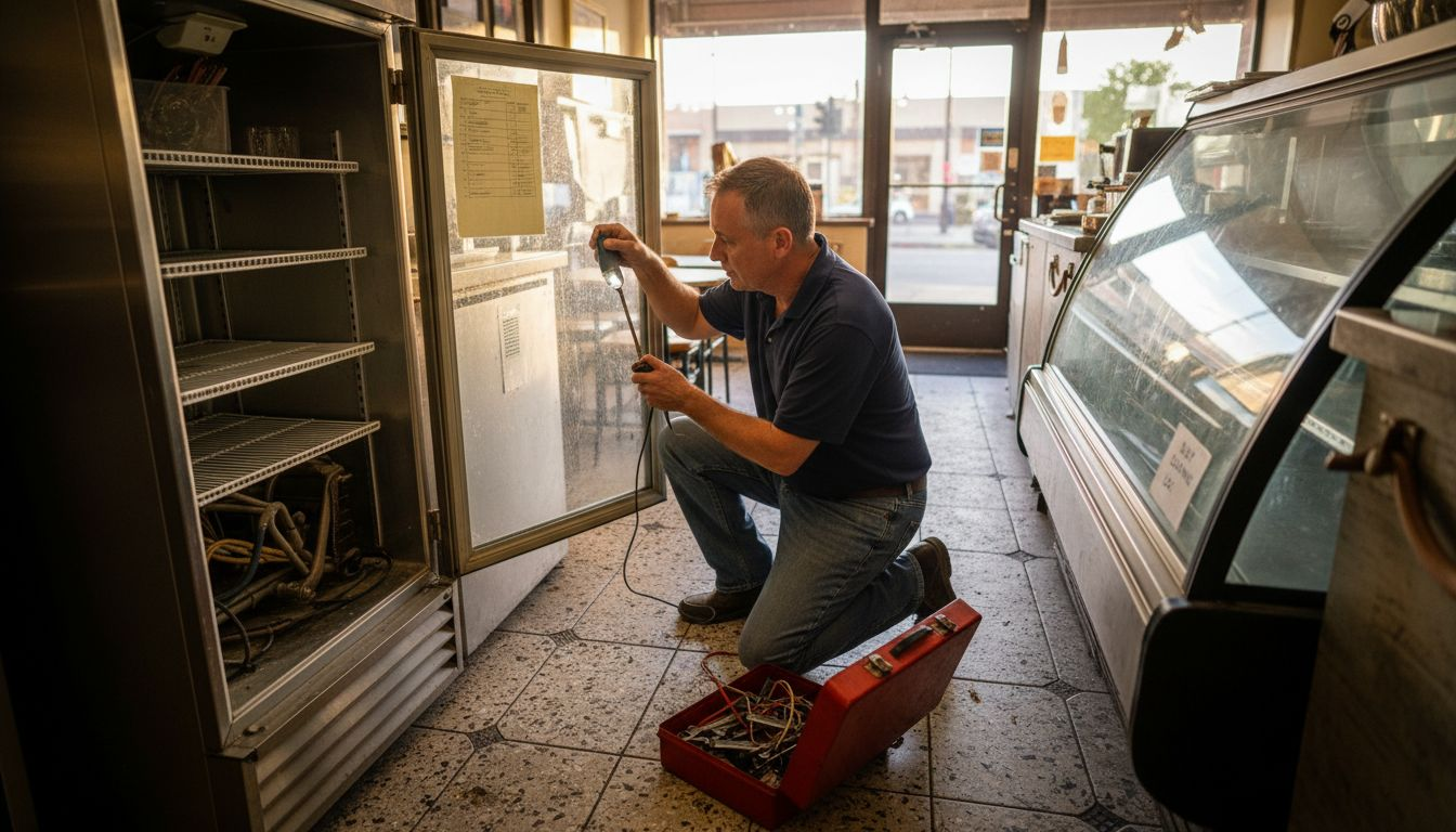 Business owner inspecting café refrigerator