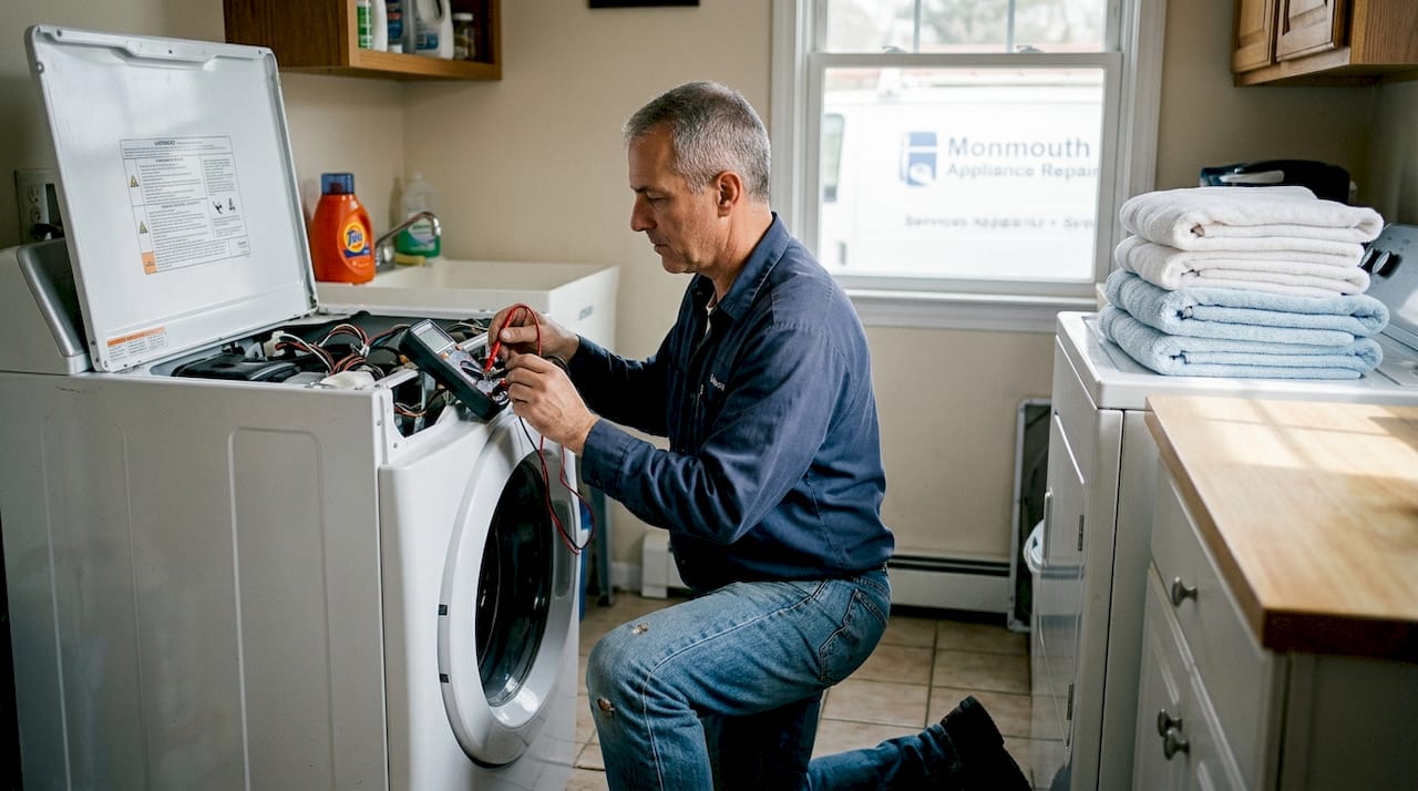 Technician repairing washing machine in home