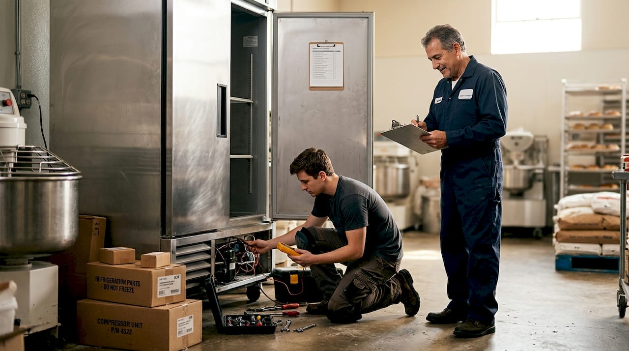Technicians repairing commercial fridge in bakery