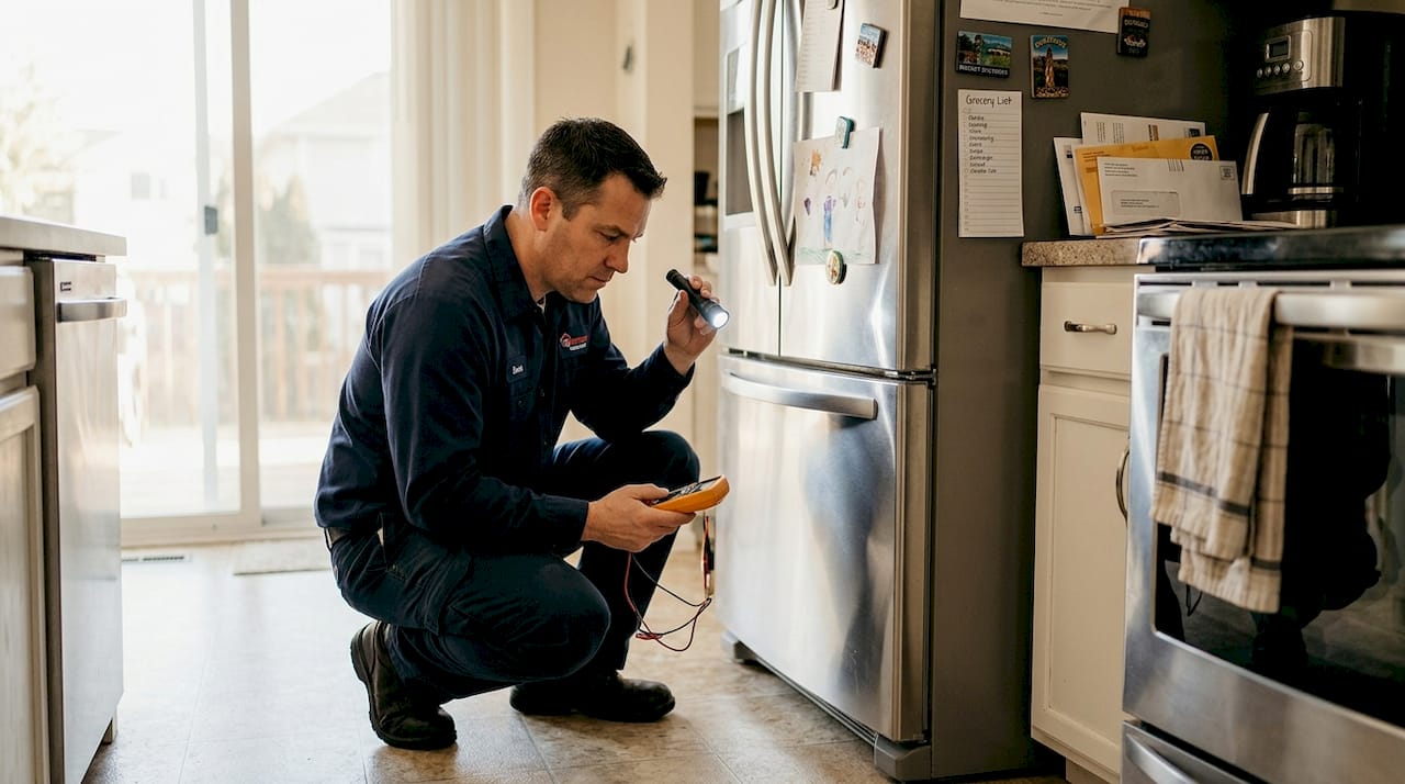 Technician repairs refrigerator in family kitchen