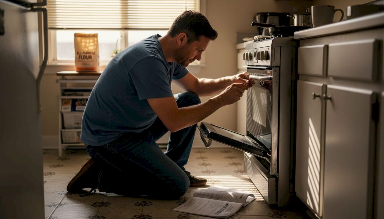 Home cook inspecting oven problem in kitchen