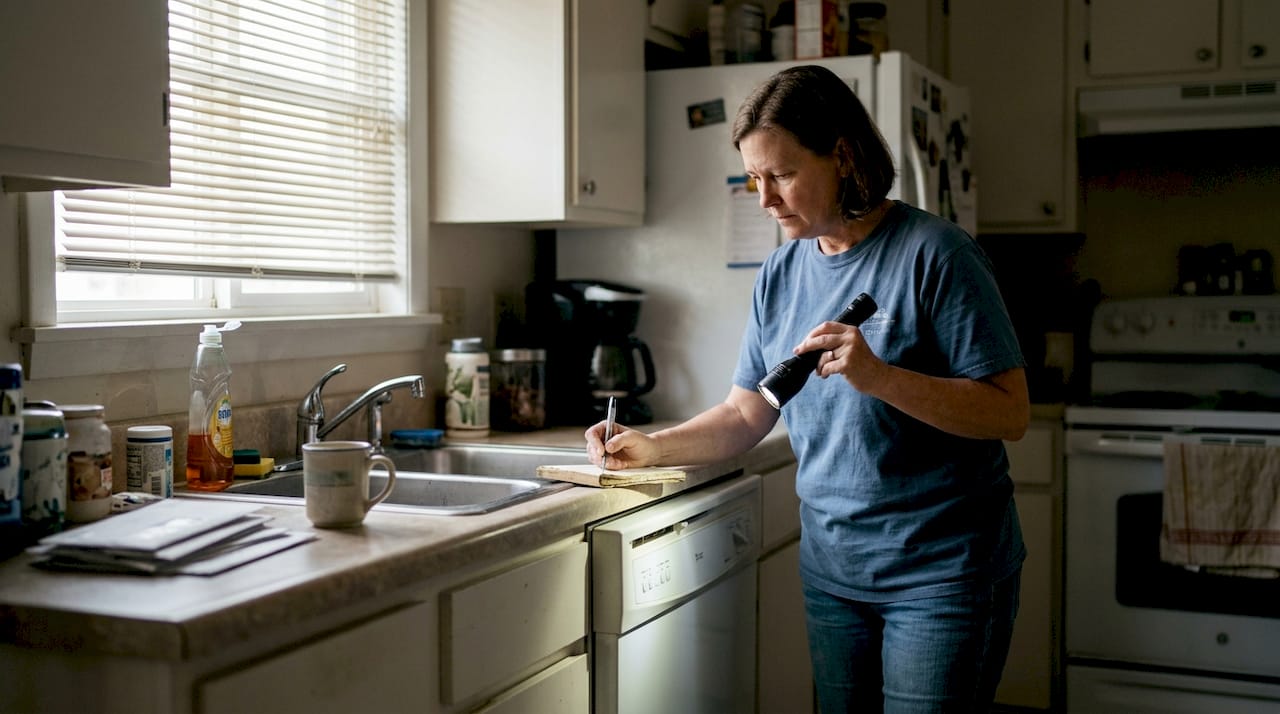 Homeowner inspecting dishwasher in kitchen