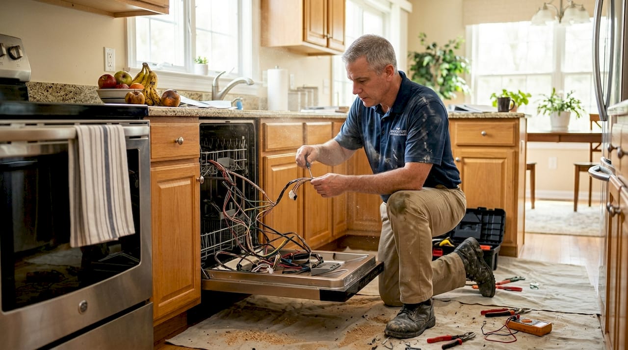 Technician fixing dishwasher in lived-in kitchen