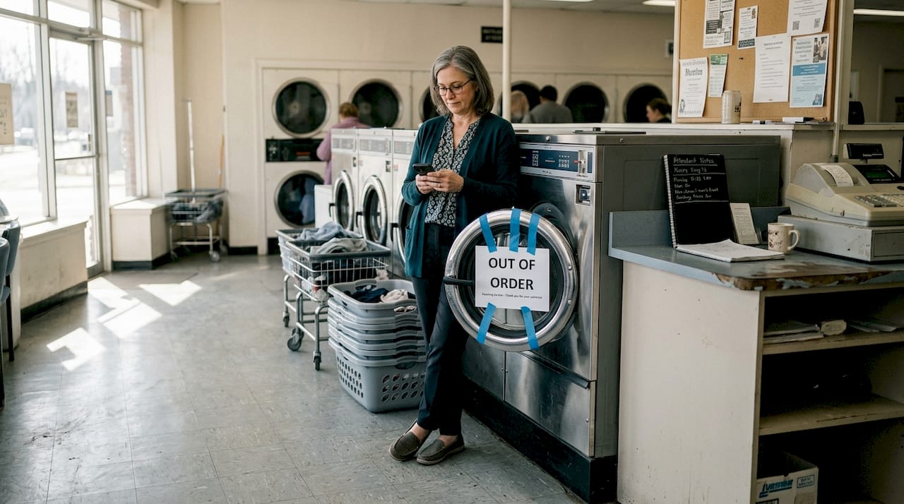 Laundromat owner waiting beside broken washer