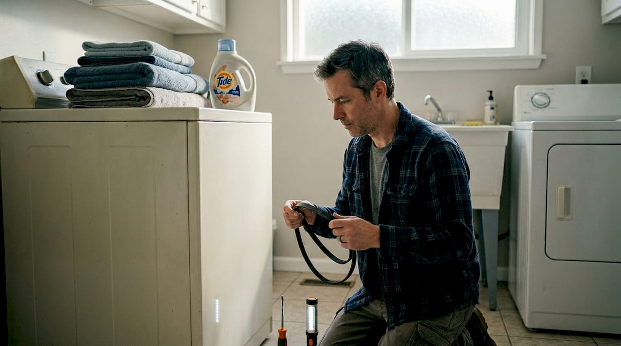 Homeowner holding washer belt for repair