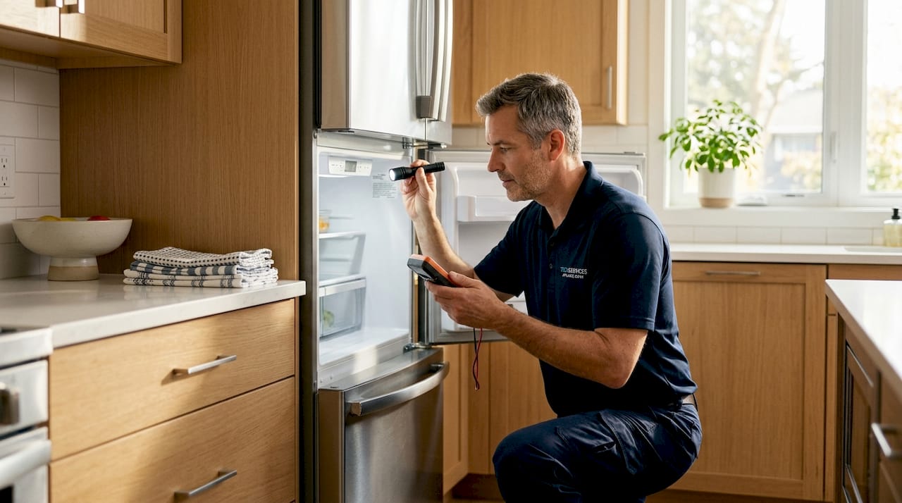 Appliance technician inspecting refrigerator in kitchen