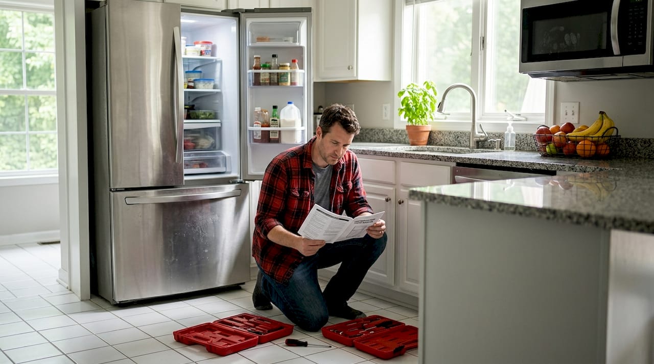 Homeowner checking manual beside kitchen fridge