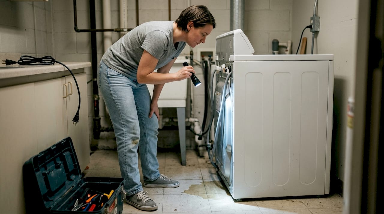 Homeowner checking behind washing machine for damage