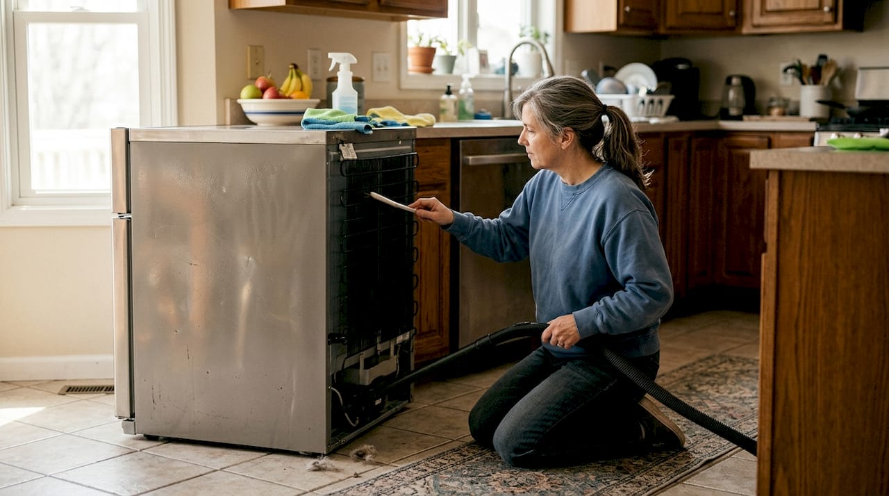 Woman cleaning refrigerator coils in kitchen