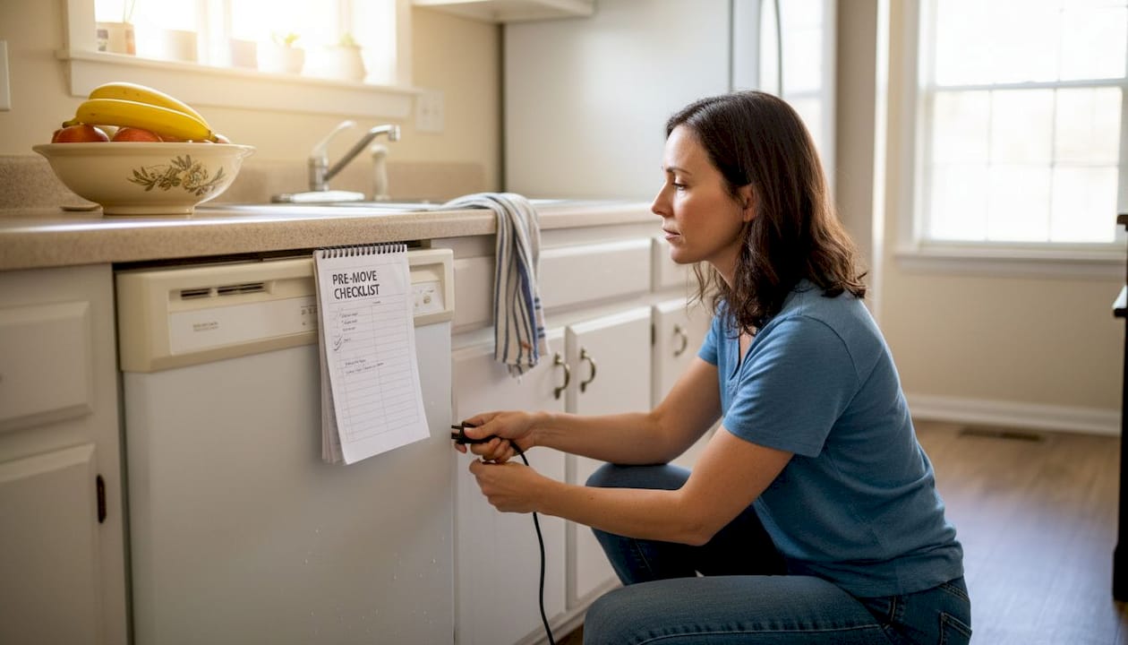 Homeowner safely unplugging refrigerator in kitchen