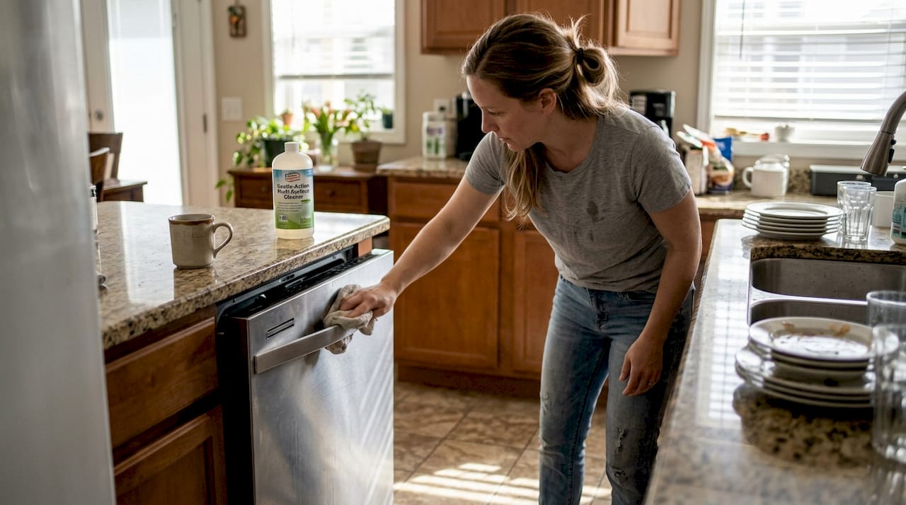 Person cleaning dishwasher in bright kitchen