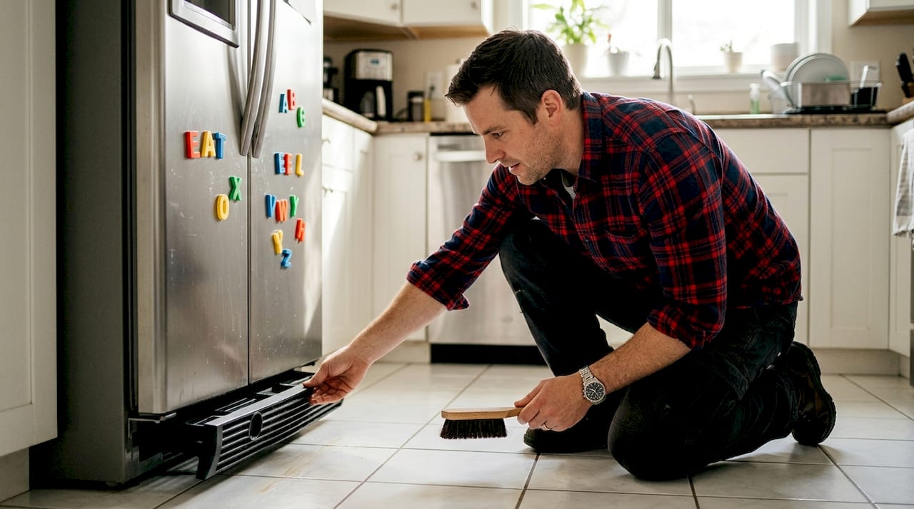 Homeowner cleaning refrigerator coils in kitchen