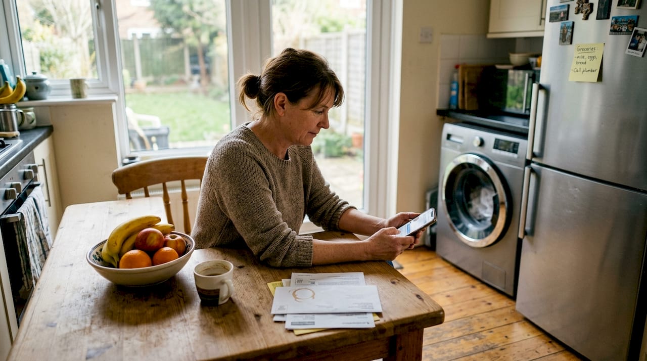 Woman checks phone near running appliances