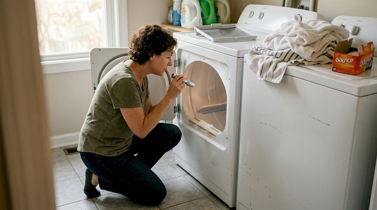 Homeowner inspecting open dryer for issues