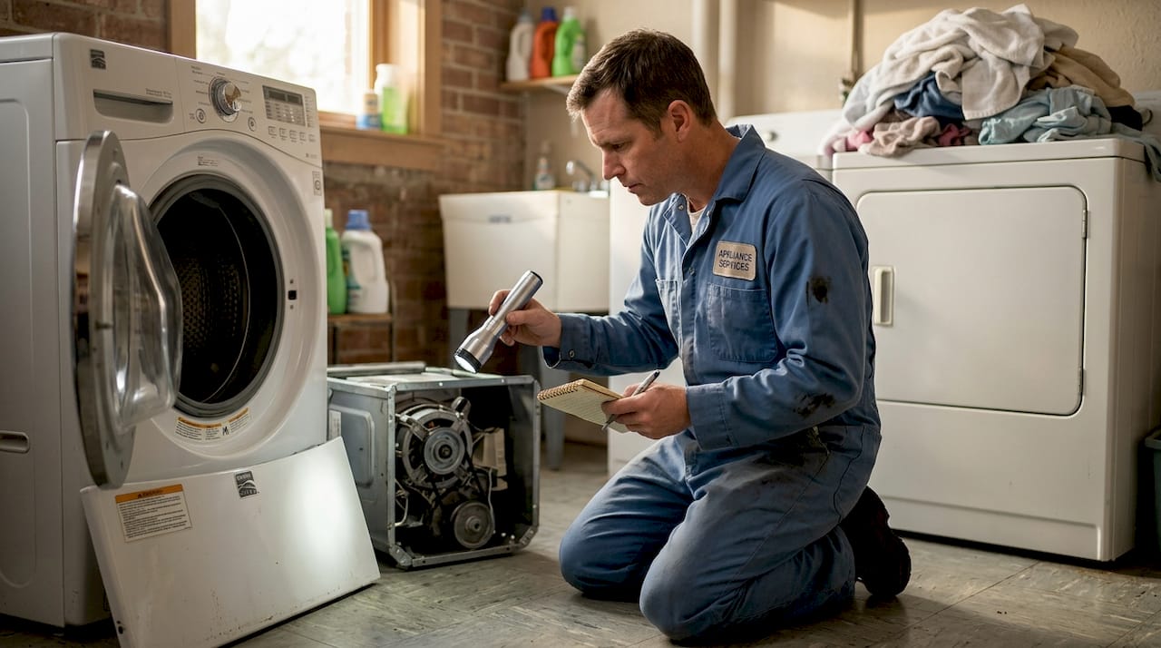 Technician inspecting washing machine motor
