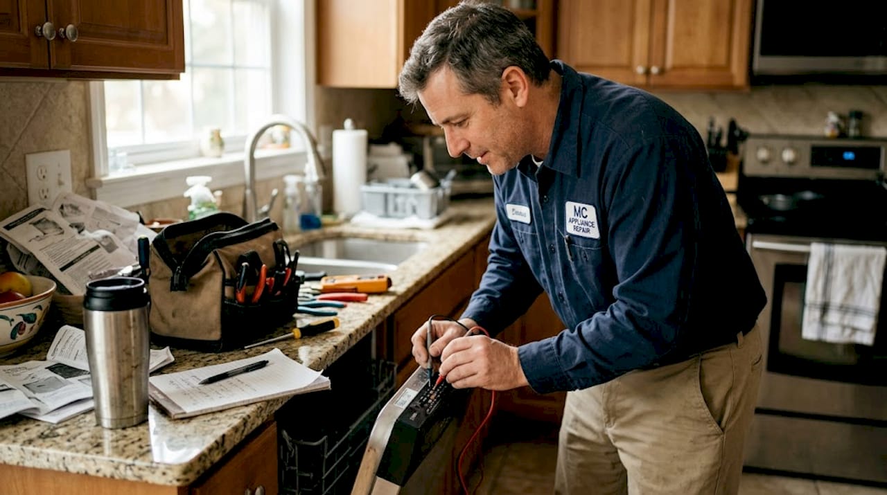 Technician fixing dishwasher in lived-in kitchen