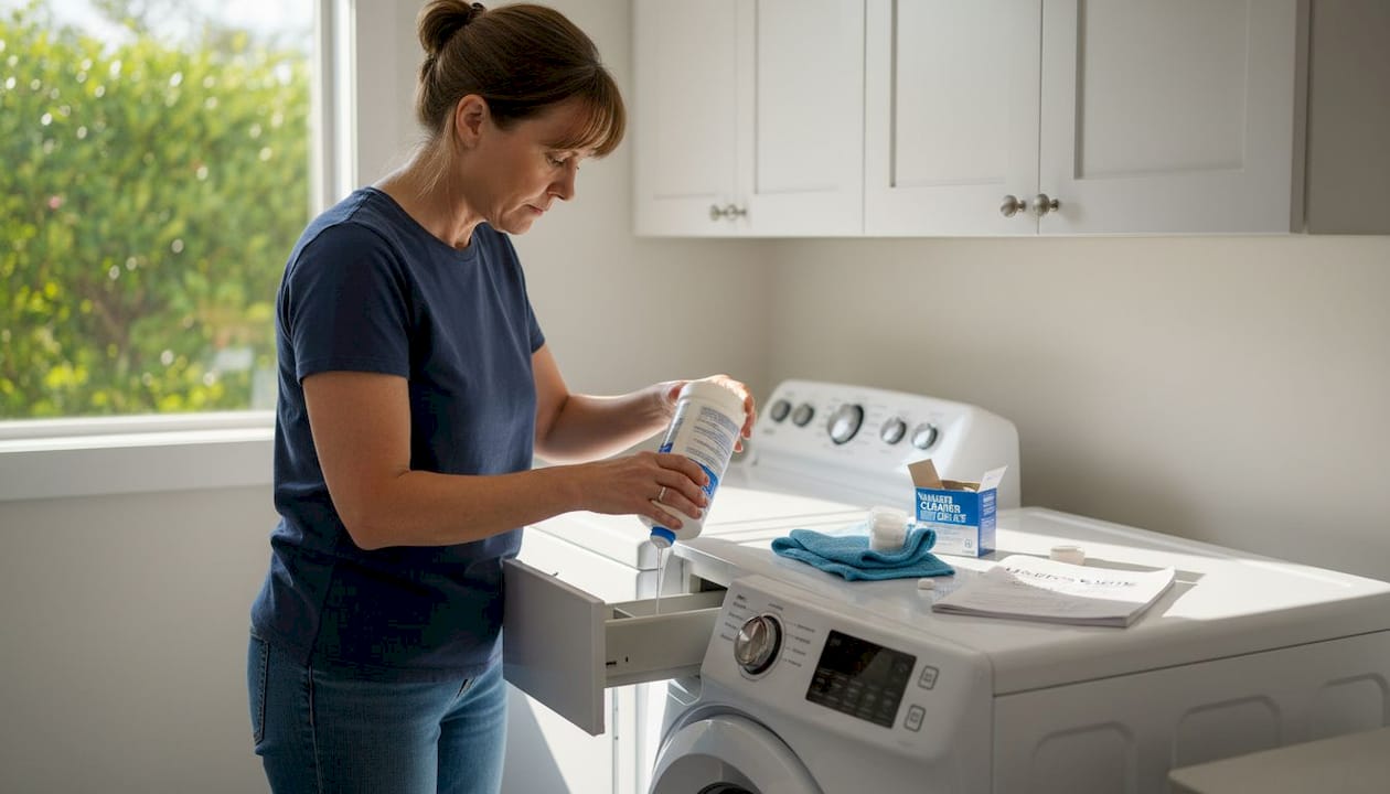 Person adding cleaner to washing machine dispenser