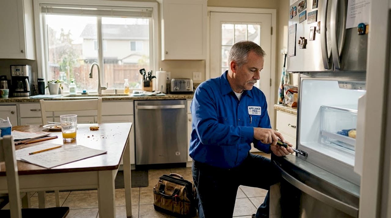 Technician repairing refrigerator in family kitchen