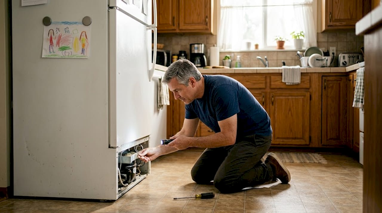 Homeowner inspecting refrigerator coil in kitchen