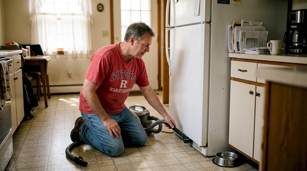 NJ homeowner cleaning refrigerator coils